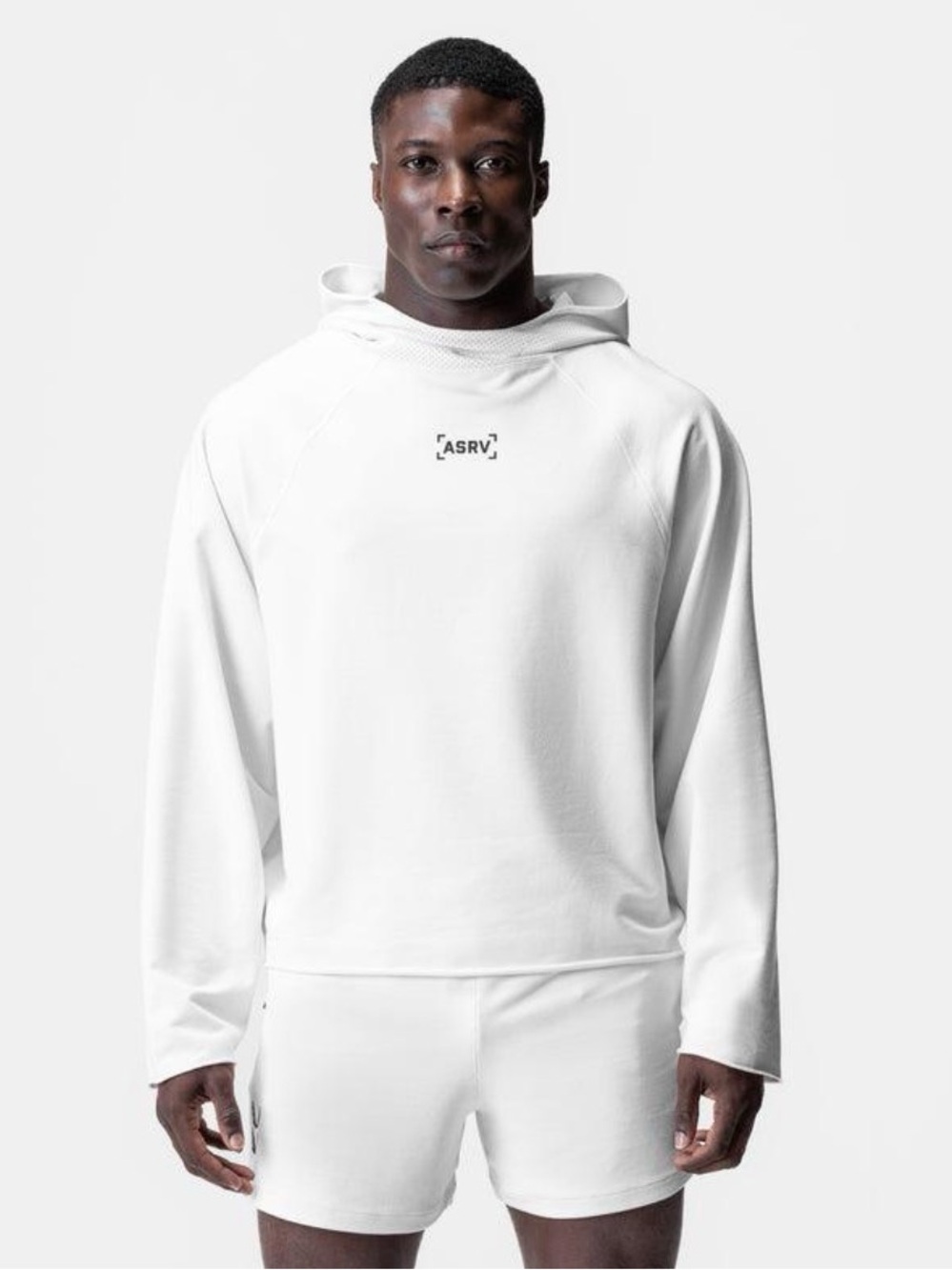ASRV White Raw Hem Mesh Scuba Neck Hoodie Size L